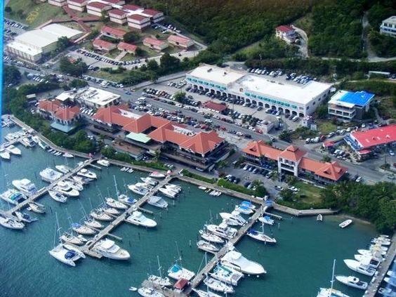 ariel view of Redhook in St. thomas. Loaded with bars and restaurants.