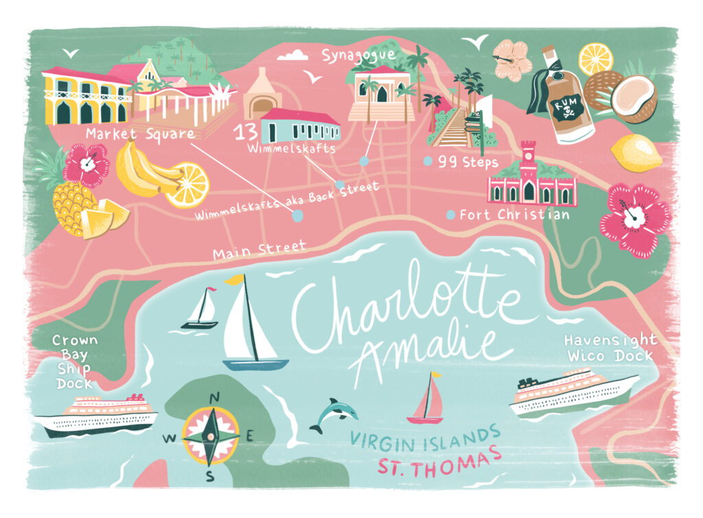 illustrated map of the port of St. Thomas and charlotte Amalie