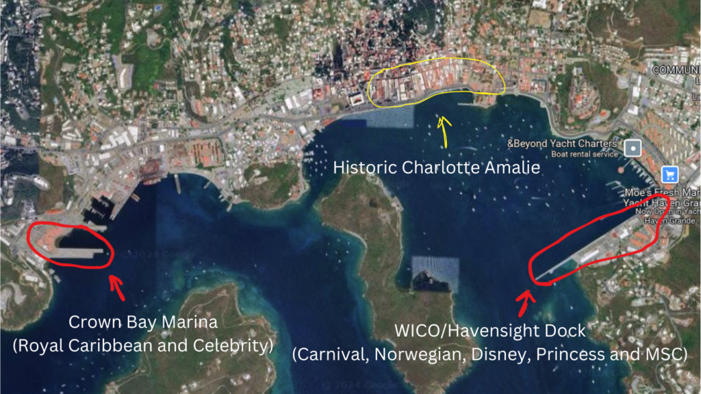 birds eye view of the cruise ship docks and charlotte amalie